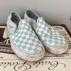 Womens light blue checkered vans slip ons